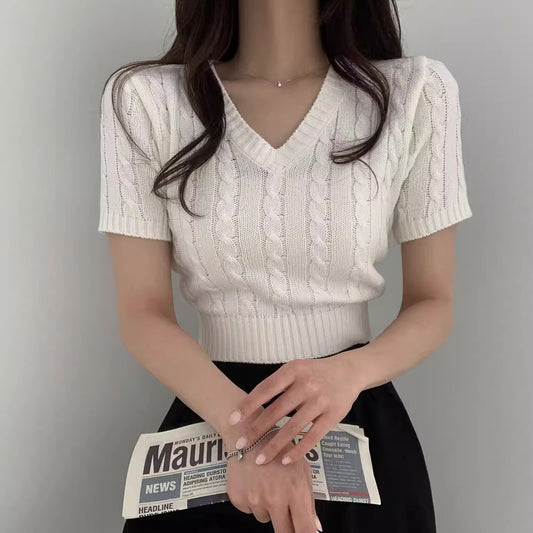 Trendy Korean V-Neck Cable Knit Cropped Sweater – Chic, Comfy & Stylish + FREE Gift! 🎁